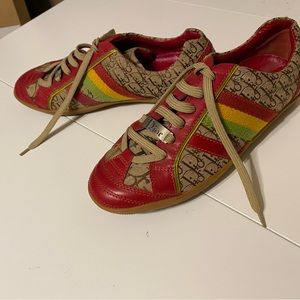 Christian Dior vintage Rasta sneakers in red, yellow, and green.